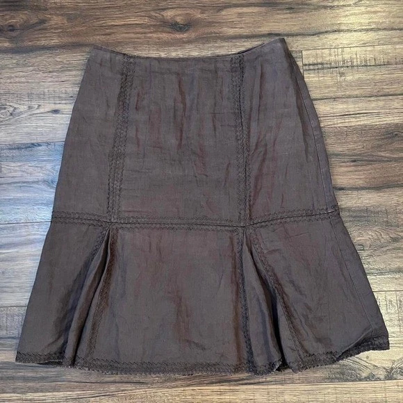 Vintage Brown Linen Midi Skirt Petites Size 8 Panel Pleat Cottagecore Prairie
