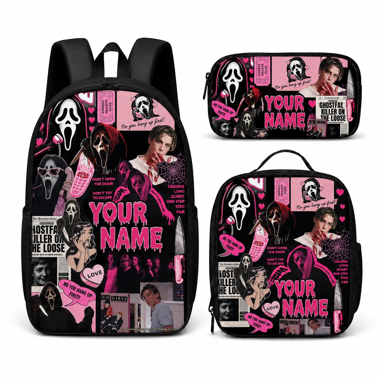Pink Ghostface Horror Collage Custom Name Backpack