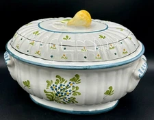 Henriot Quimper Pierre Deux Tureen with Pear Finial 10.5” x 7” Covered Bowl