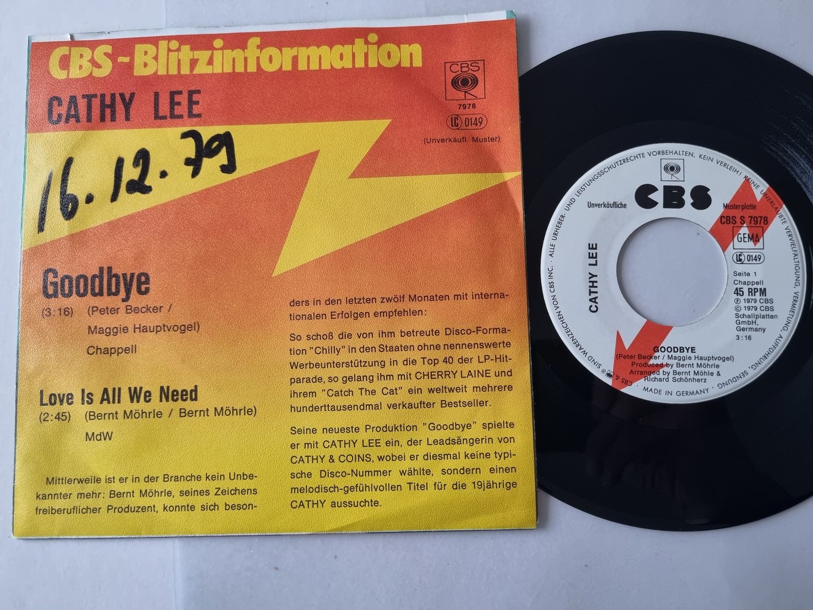 Cathy Lee - Goodbye 7'' Vinyl Germany PROMO