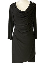 Tahari Dress Womens Small Black Long Sleeve Draped Cowl Neck Ruched Sheath Knee