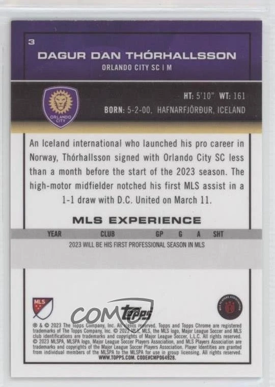 2023 Chrome MLS Gold Refractor /50 Dagur Dan Thorhallsson Thórhallsson Rookie RC - Image 2 of 2