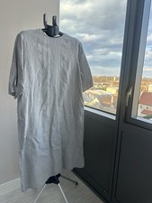 Shift Dress Gray 100% Linen Short Sleeve Crew Neck Midi Solid XS-S Woven