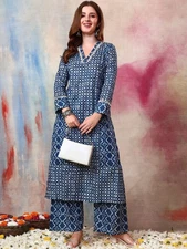 Indian Women BEAUTIFUL Blue Pure Cotton Geometric Printed Kurta with Palazzo Set
