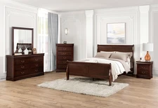 Transitional Style Queen Size 6pc Bed Nightstand Chest Mirror Dresser Set Cherry