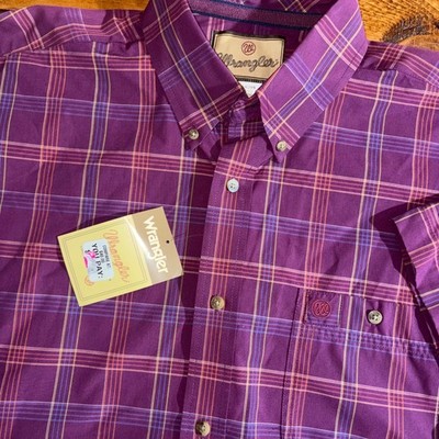 Wrangler Button Down Shirt Mens XL Purple Plaid Short Sleeve Western Rodeo NEW