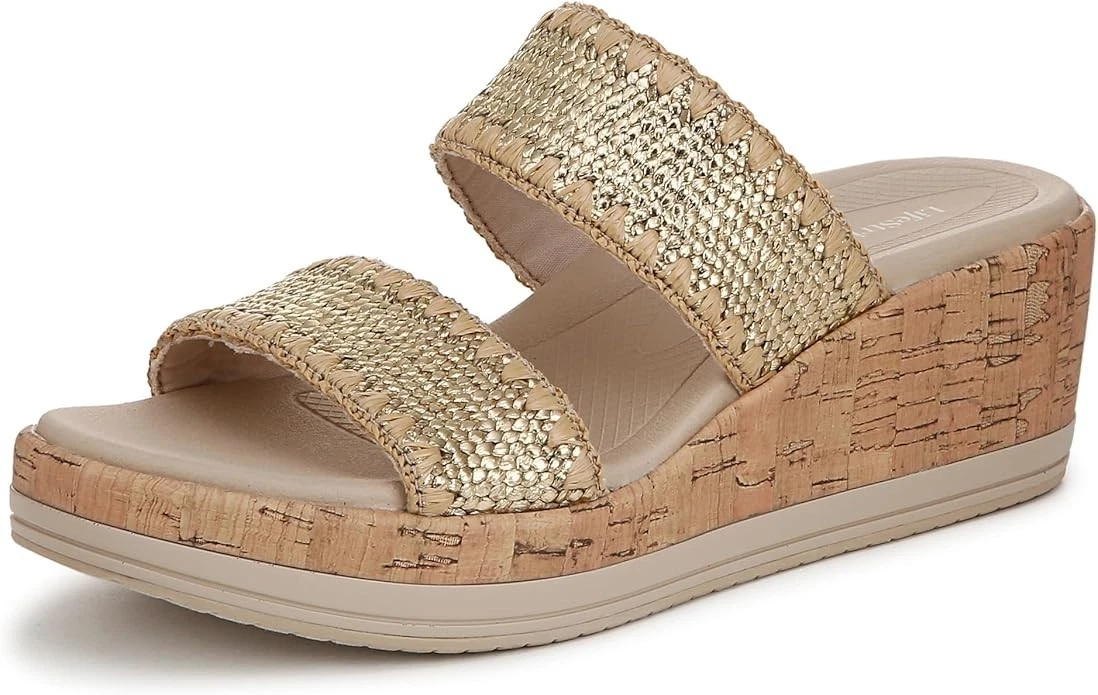 LifeStride Resort Washable Slide Wedge Sa Gold Stretch Raffia Fabric