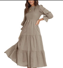 Women's Beige Solid Smocked Tiered Midi Dress L Regular Crew Neck Long Sleeve