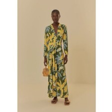 Farm Rio Foliage Sketch Maxi Dress Green V Neck Tropical Beach Novelty Large NWT