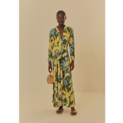 Farm Rio Foliage Sketch Maxi Dress Green V Neck Tropical Beach Novelty Large NWT