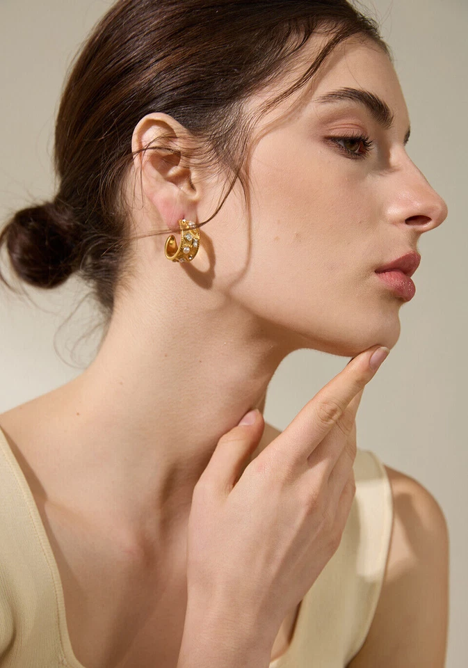 Stud CZ 18k Yellow Gold Plated Fine Hoop Pearls Charm Earrings Jewelry for Women - Image 3 of 4