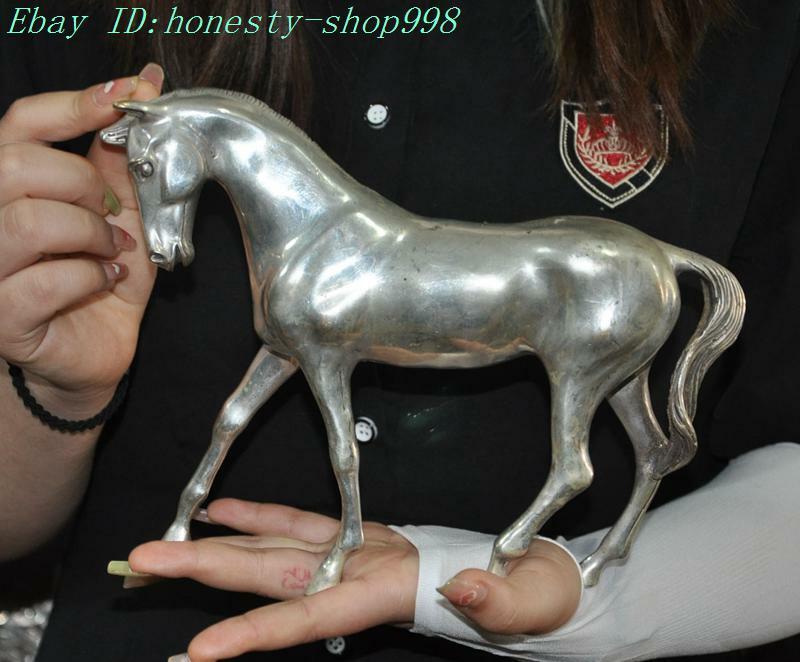 9.4'' Chinese Ancient Tibetan silver Feng Shui wealth Lucky horse steed statue