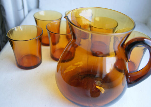 Saftkanne 6 Gläser Duralex 60erJahre bernsteinfarben-orange