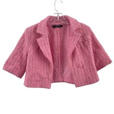 Finesse Pink Tweed Short Sleeve Cropped Polyester Blazer, Women Size S, Preowned