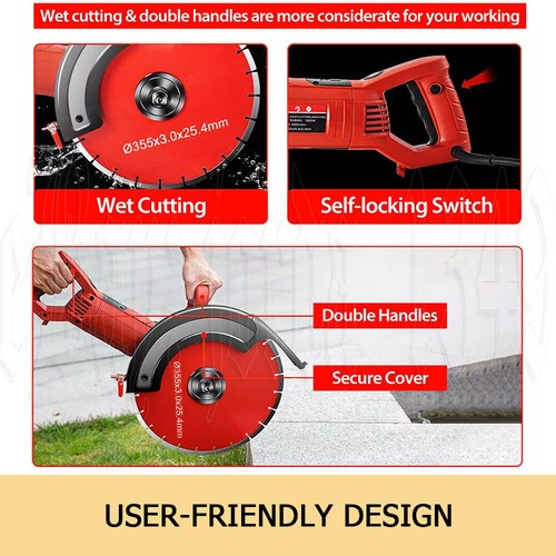 Electric Concrete Saw 355mm Cutter Wet/Dry Demo Tools Circular Cutting Off 3000W - Picture 8 of 12