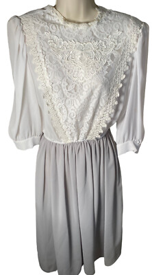 R.E.O Originals Dress Womens  Blouson Pleated FS White Gray Lace Bishop Sleeves
