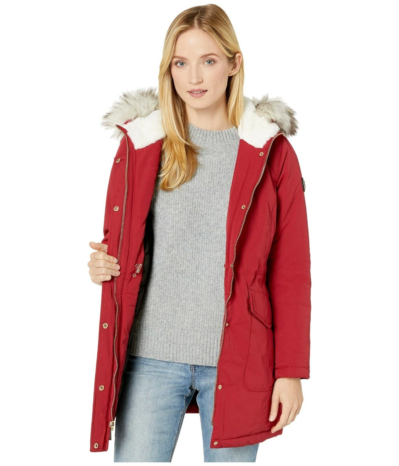 MICHAEL KORS Cappotto Giacca Parka Donna Polyfill Anorak Rosso con Cappuccio Pelliccia Ecopelliccia Tg M