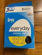 2 Pair L'eggs Everyday Control Top Sheer Toe Pantyhose Jet Black - Size B