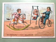 1870's-80's F.A.O Schwarz's Toy Bazaar Trade Card - Children Rocking Horse Bike