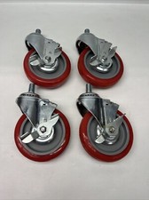 4pk of 5 Inch Red Poly Wheel Swivel 5/8 Inch Threaded Stem Caster w/ Brake NEW