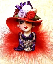 Lady Face Porcelain-Look pin Brooch handmade Red Hat Society
