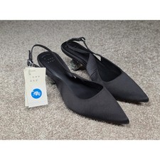 A New Day Simone Black Satin Slingback Orb Rhinestone Kitten Heel Pumps Womens 7