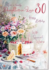 Doodlecards Daughter-in-Law 30th Birthday Card Age 30 Birthday Cake and Flowers