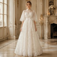 Lace A Line Wedding Dress With Belt High Neck Flutter Sleeve Formal Bridal Gowns