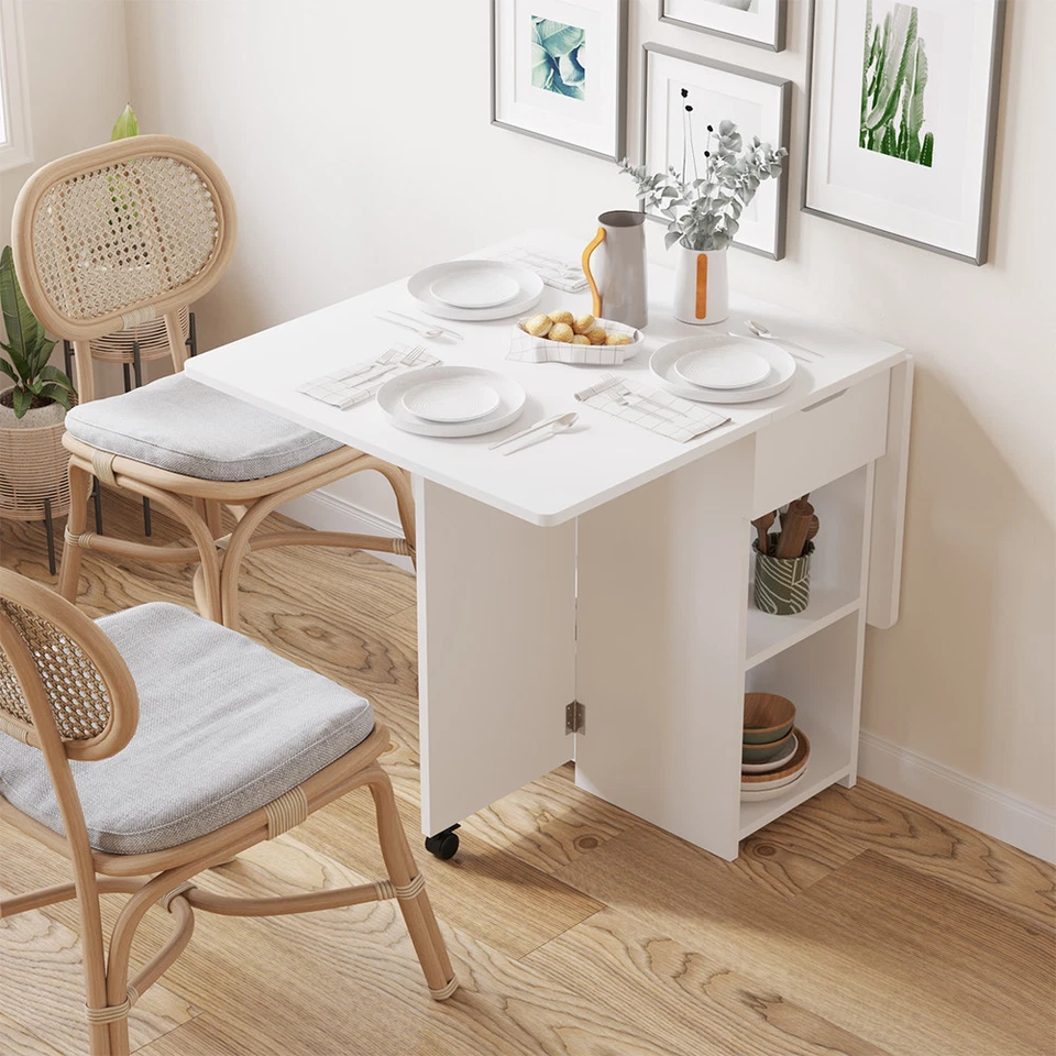 Tavolo da Pranzo Pieghevole Salvaspazio Bianco 2 Ruote Casa Ufficio 120x77x75cm - Immagine 4 di 4