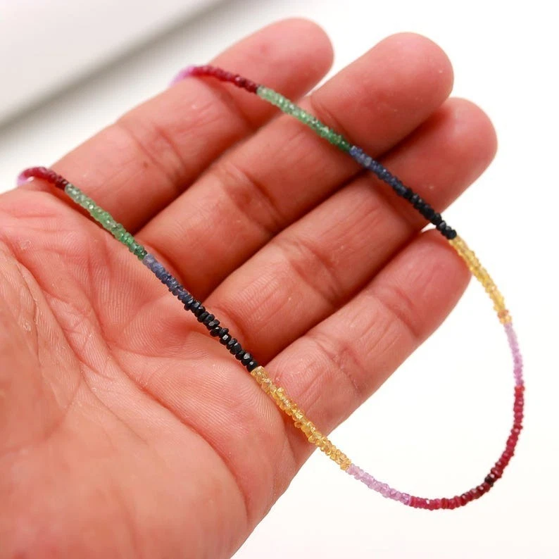 Collar de mujer con cuentas de piedras preciosas rondelle facetadas de 3 mm diseñado con múltiples zafiros 18" Foto 4 de 4