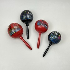 Vintage Hand Painted Mexico Wooden Maracas Set Folk Art Birds 4pc