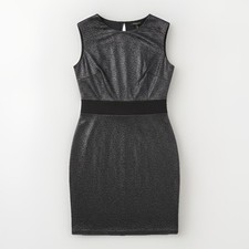 Forever 21 Sz. Small Metallic Silver Sheath Dress Black Waistband Keyhole Back