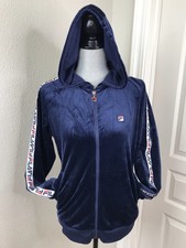 Fila Blue Velour Y2K Full Zip Hoodie Logo On Sleeves Streetwear Size Large