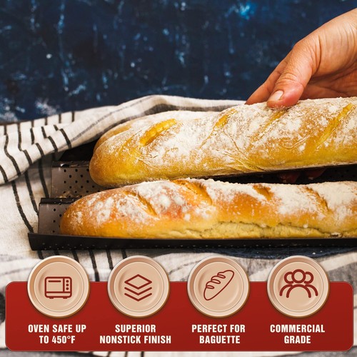 Sartenes antiadherentes para hornear pan francés, perforadas 3 panes baguettes... - Imagen 3 de 6