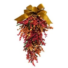 24 Inch Lighted Fall Berry Teardrop Swag with Timer Gold Velvet Bow | 20 Warm