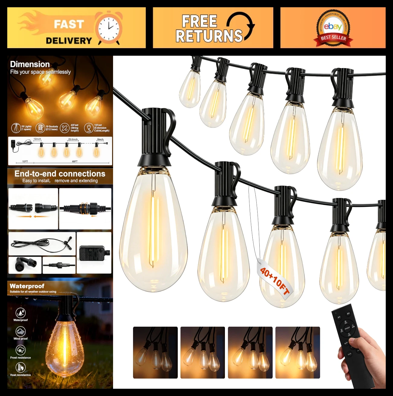 50FT Waterproof LED String Lights with Remote, Dimmable Patio & Garden Decor