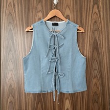 ASOS Blue Bleach Denim Bow Tie Front Sleeveless Top Waistcoat Blouse	L NEW