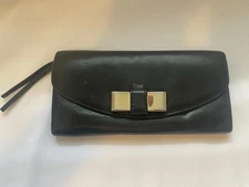 Chloe Wallet Leather Black Brass Bow Buttoned Envelope Zipper Pouch Long Wallet