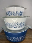 Set of 3 Pyrex Colonial Mist Casserole Dish Bowls Blue 472 474 475 Lids! Vintage