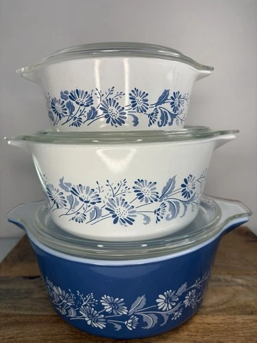 Set of 3 Pyrex Colonial Mist Casserole Dish Bowls Blue 472 474 475 Lids! Vintage