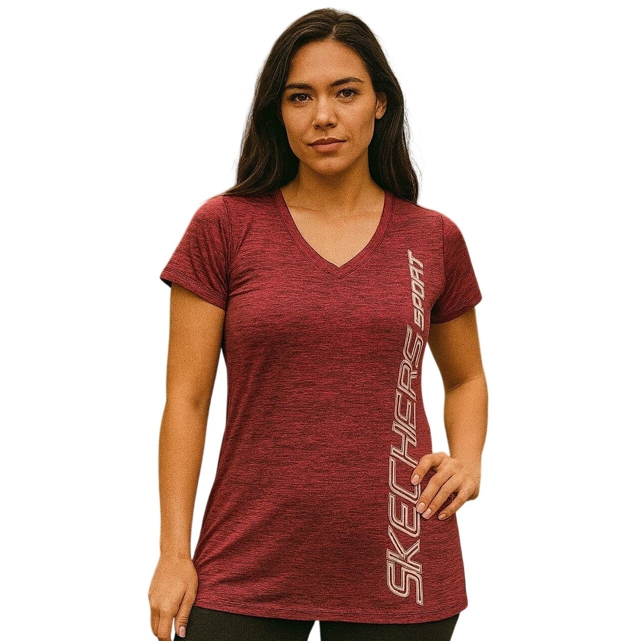 Skechers Sport Women's T-Shirt Red Heather V-Neck Activewear Tee Top L