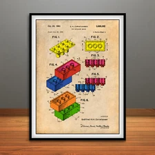 1961 Lego Toy Building Blocks Patent Print Colorized Art Drawing Poster
