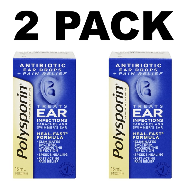2 PACK Polysporin Antibiotic Pain Relief Ear Drops & Pain Relief for