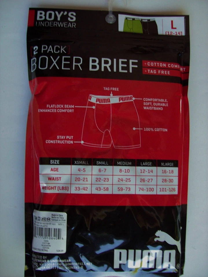 Ropa interior Puma calzoncillos 2pk calzoncillos boxer sin etiquetas niños Grn negros nuevos en paquete Foto 3 de 4