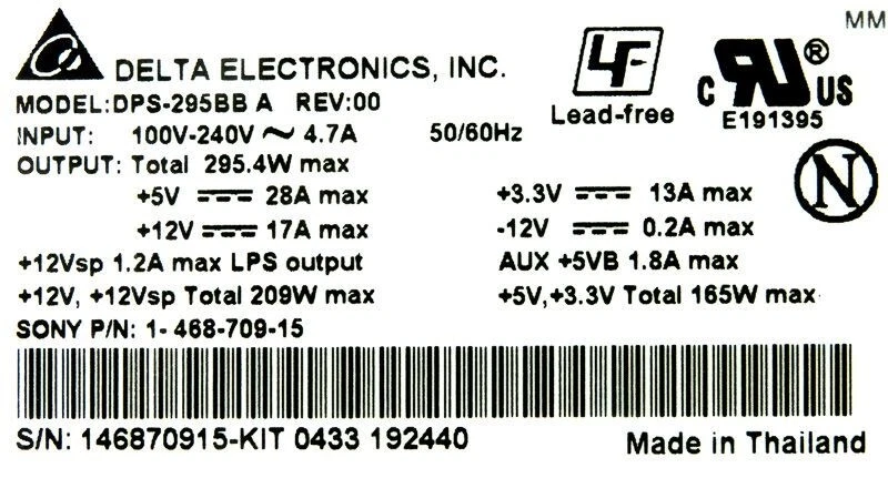 NETZTEILE SONY 1-468-709-15 295WATT DPS-295BB A ATX 20-pin CPU 4-PIN 4xMOLEX - Bild 3 von 3