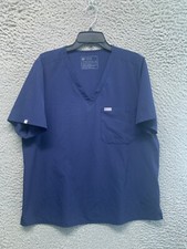 FIGS Scrub Top Womens XXL Solid Dk Blue Pocket Logo Medical Short Sleeve V Neck