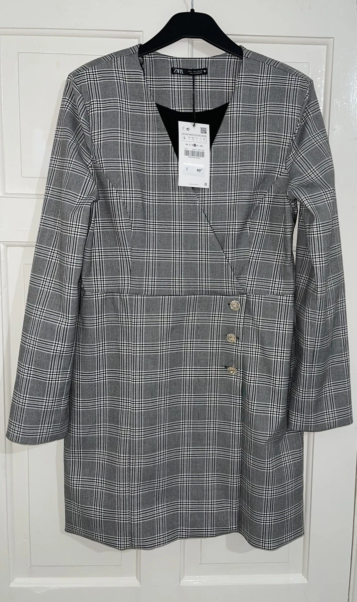ZARA BLACK WHITE CHECK PRINT BLAZER DRESS WITH RHINESTONE BUTTONS