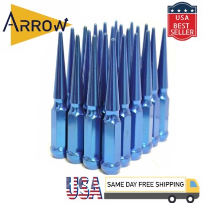 24x 6'' Extra Tall Blue M14x1.5 Spike Lug Nuts & Key Fit GMC Saturn UAZ