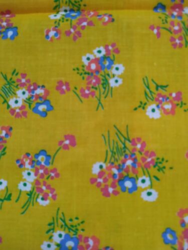 Vintage Yellow Floral Fabric 1/2 yard 18"x44" Blue White Orange Cotton Unbranded