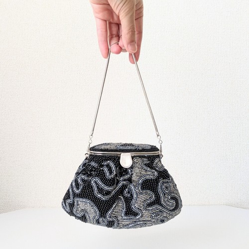 Japanese Vintage Beaded Evening Shoulder Bag Abstract Pattern Blk/Silver 7x4 in - Picture 18 of 21